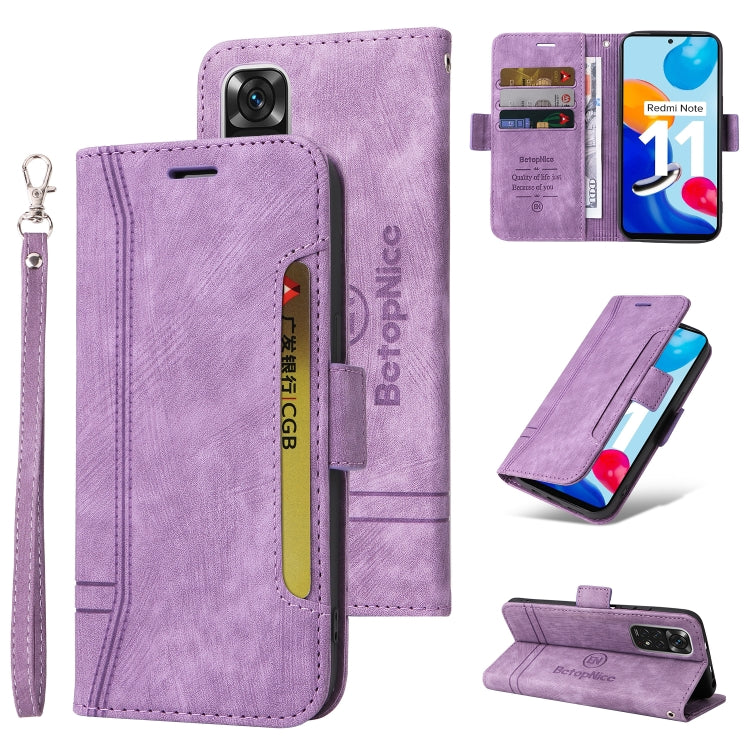 Purple dual-side buckle leather phone case with wrist strap, wallet slots, and stand