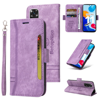 Purple dual-side buckle leather phone case with wrist strap, wallet slots, and stand