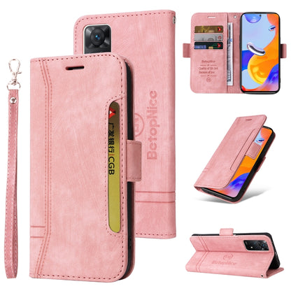 Pink leather wallet phone case with wrist strap, buckle, card slots, kickstand stand.