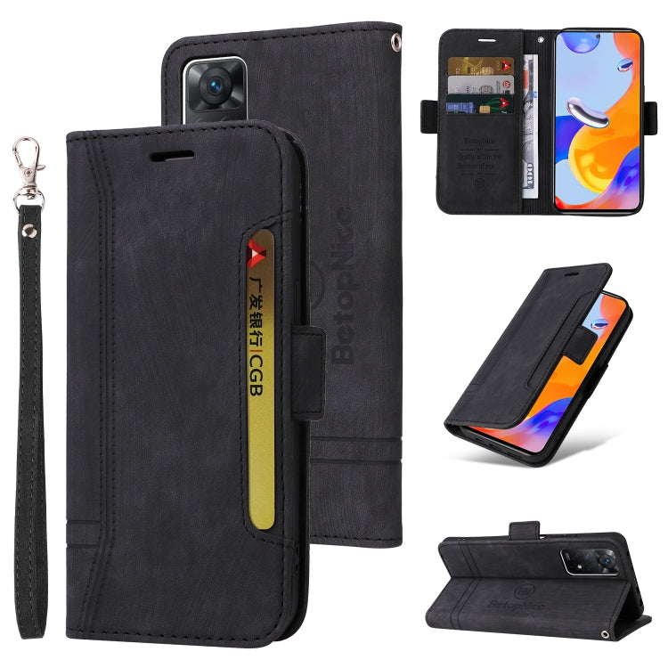 Black leather wallet phone case with wrist strap, vertical card slot, and snap/buckle tab.