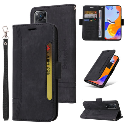 Black leather wallet phone case with wrist strap, vertical card slot, and snap/buckle tab.
