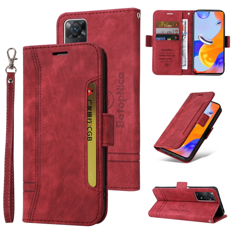 Red leather phone case with flip cover, dual buckle, card slot, and wrist strap
