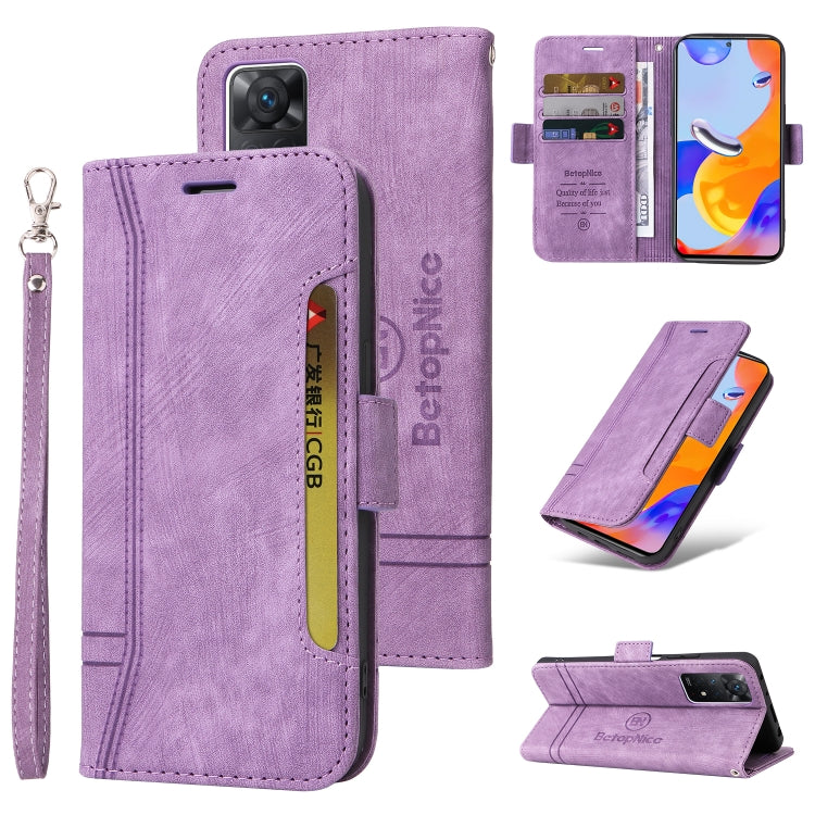 Purple dual-side buckle leather phone case with wrist strap, card slots, and kickstand