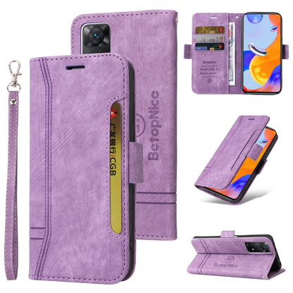 Purple dual-side buckle leather phone case with wrist strap, card slots, and kickstand