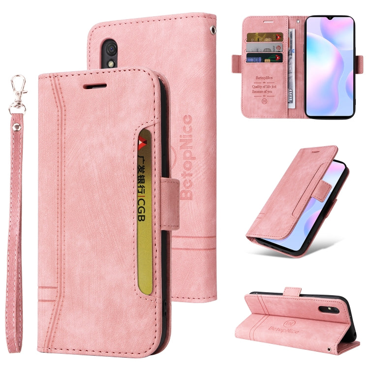 Pink leather flip phone case with wrist strap, card slots, dual-side buckle, camera cutout.