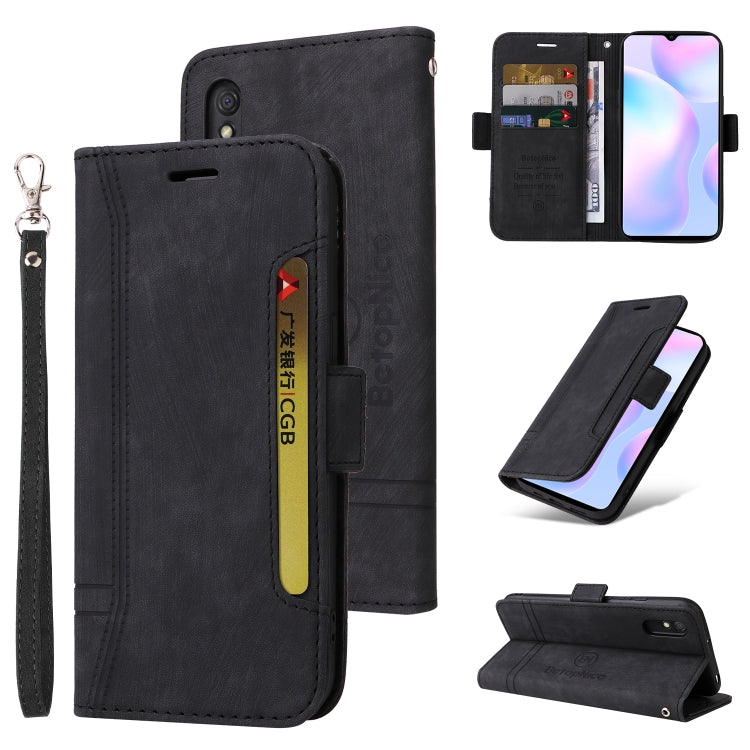 Black leather phone case with wrist strap and card slots; front flap fully closed.