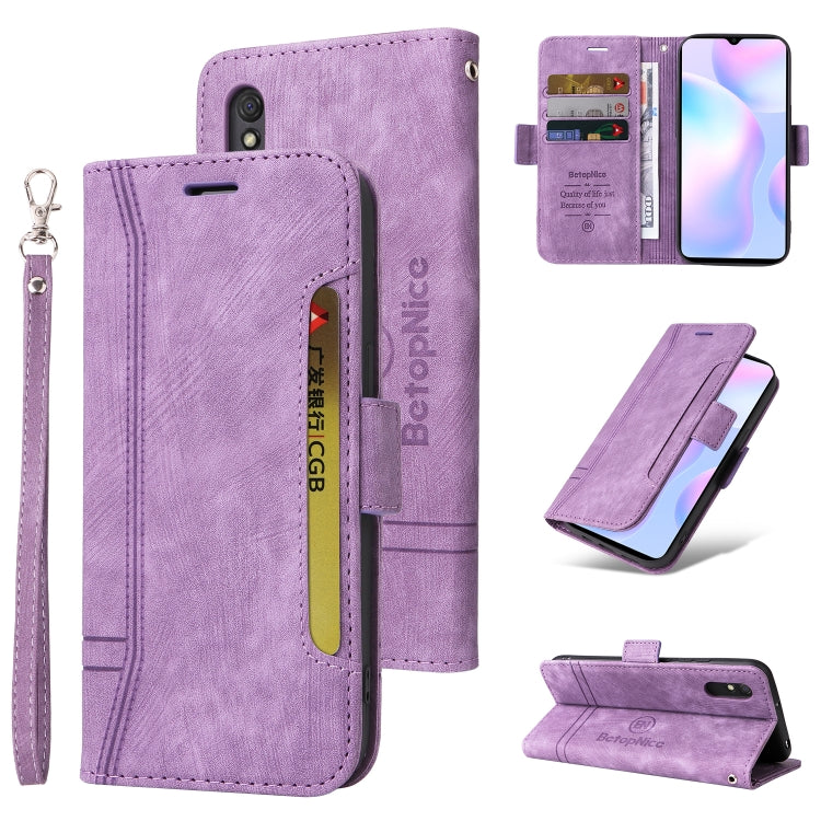 Purple dual-side buckle leather phone case with wrist strap and front kickstand