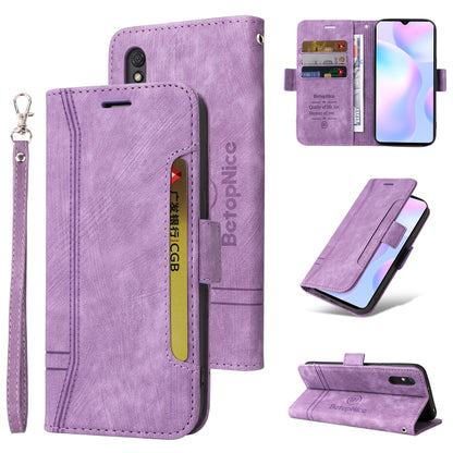 Purple dual-side buckle leather phone case with wrist strap and front kickstand