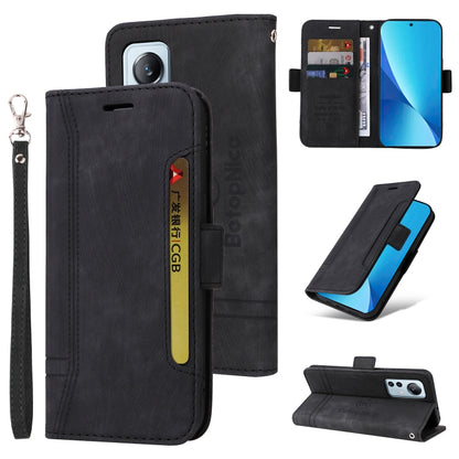 Black leather wallet phone case with wrist strap; folio front and back covers visible.