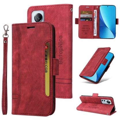 Red leather flip phone case with buckle closure, card slot, wrist strap, kickstand