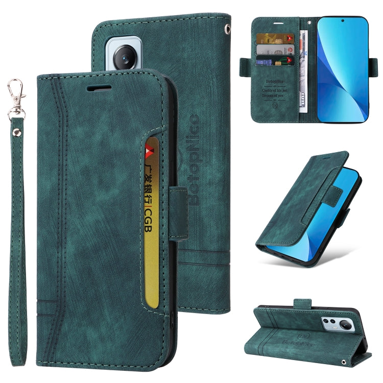 Teal leather dual-side buckle phone case with folio cover, card slots, and key ring