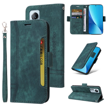 Teal leather dual-side buckle phone case with folio cover, card slots, and key ring