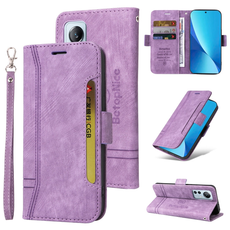 Purple dual-side buckle leather phone case with wrist strap, flip cover, and stand