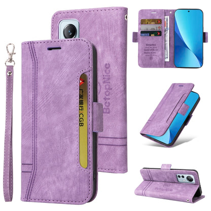 Purple dual-side buckle leather phone case with wrist strap, flip cover, and stand