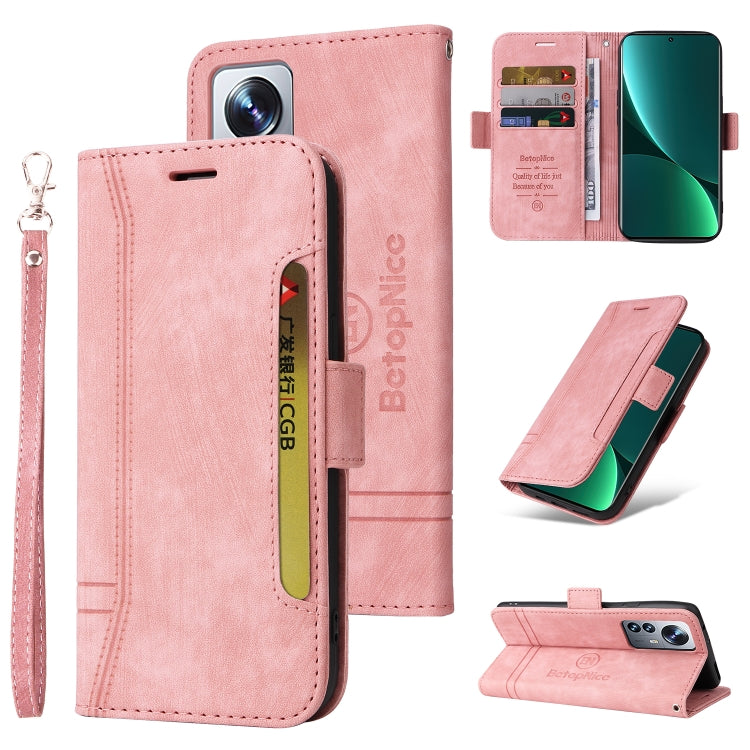 Pink leather flip phone case with wrist strap, dual-side buckle, card slots, camera opening.