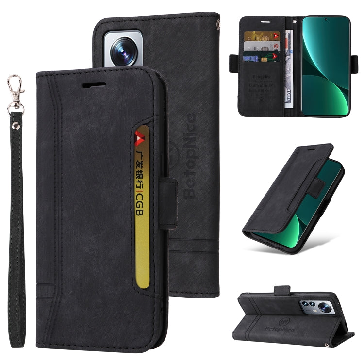 Black leather wallet phone case with wrist strap and card pocket; back panel and stand view.