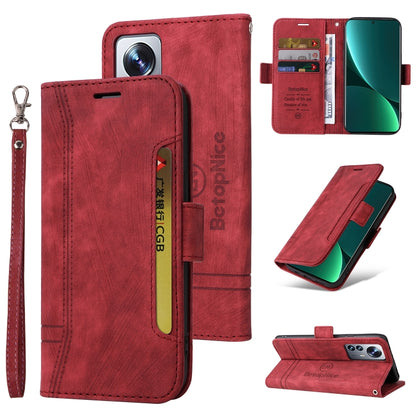 Red leather folio phone case with buckle closure, card pocket, and wrist strap