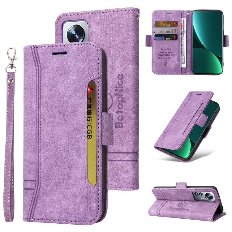Purple dual-side buckle leather phone case with wrist strap and foldover stand view