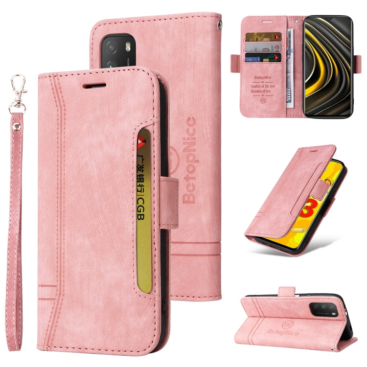 Pink leather phone folio case with wrist strap, side buckle, card slots, and stand cover