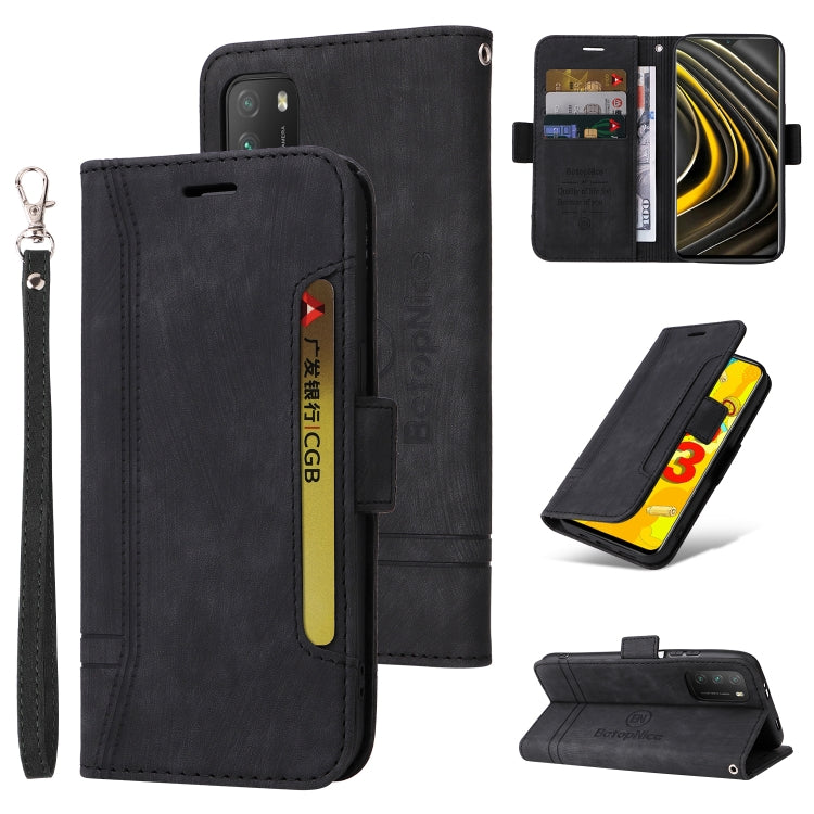 Black leather wallet phone case with wrist strap; dual-side buckle design and stand.