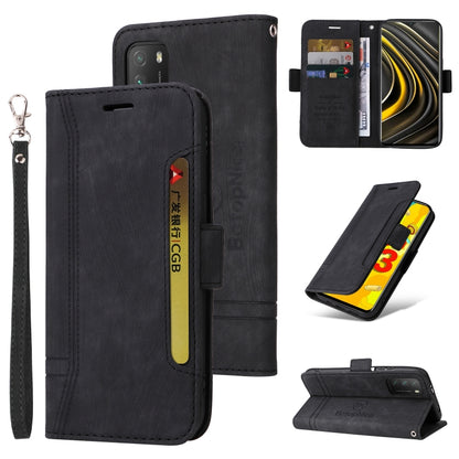 Black leather wallet phone case with wrist strap; dual-side buckle design and stand.