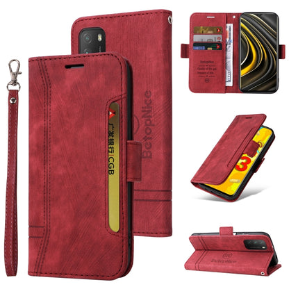 Red leather flip phone case with buckle, card slot, wrist strap, and side cutouts