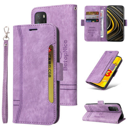 Purple dual-side buckle leather phone case with wrist strap and wallet-style cover