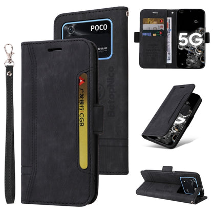 Black dual-side buckle leather phone wallet case with wrist strap and card slots