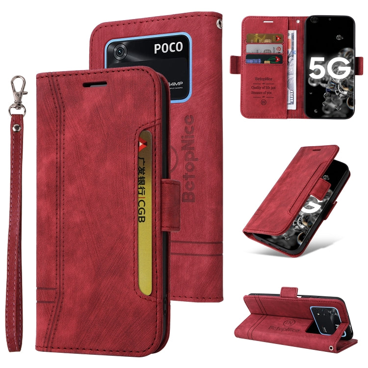 Red leather wallet phone case with dual buckle, card pocket, wrist strap, kickstand