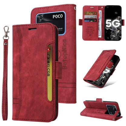 Red leather wallet phone case with dual buckle, card pocket, wrist strap, kickstand