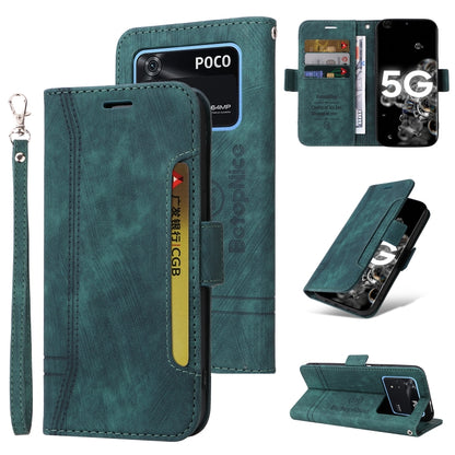 Teal leather dual-side buckle phone case with folio cover, card slots, and stand