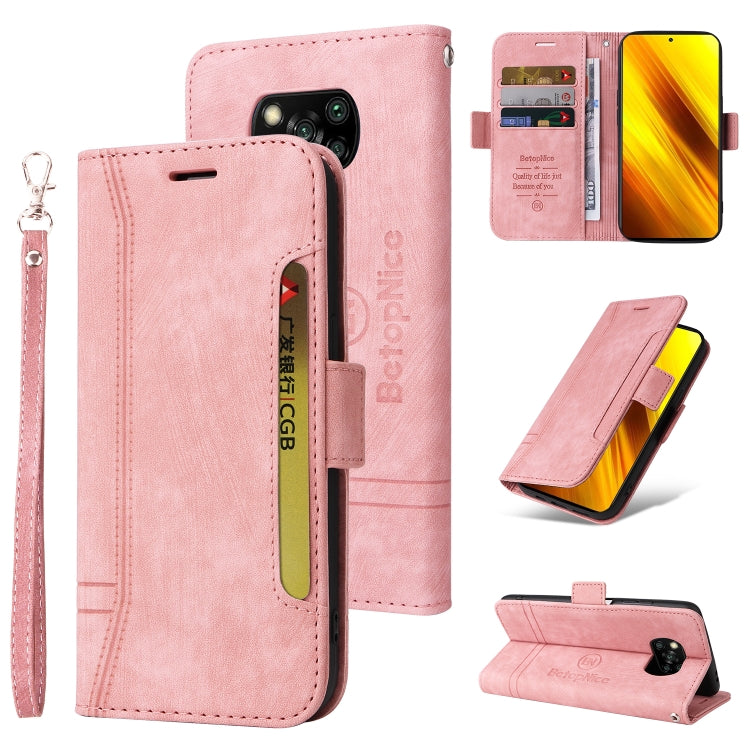 Pink leather phone case with wrist strap, side buckle, card slots, and magnetic flip cover