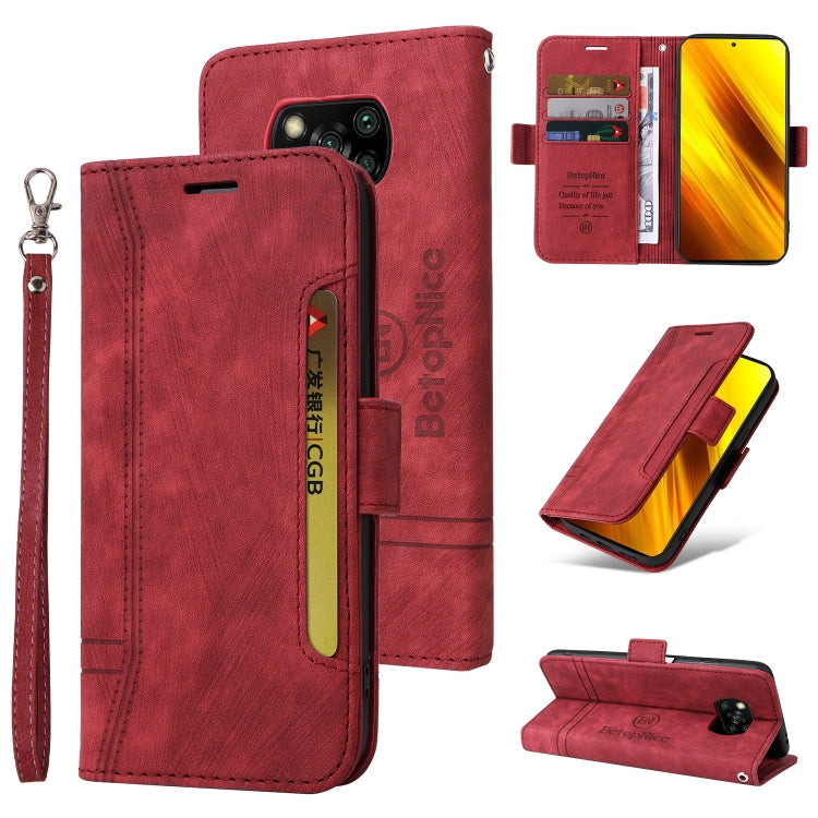 Red leather dual-side buckle phone case with wrist strap, card slot, and stand