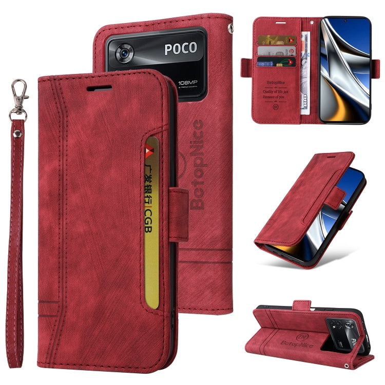 Red leather flip phone case with dual-side buckle, wrist strap, card slot, and stand