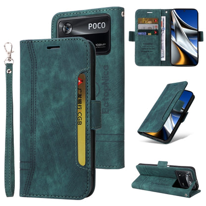 Teal dual-side buckle leather phone case with flip cover, card slots, and wrist strap