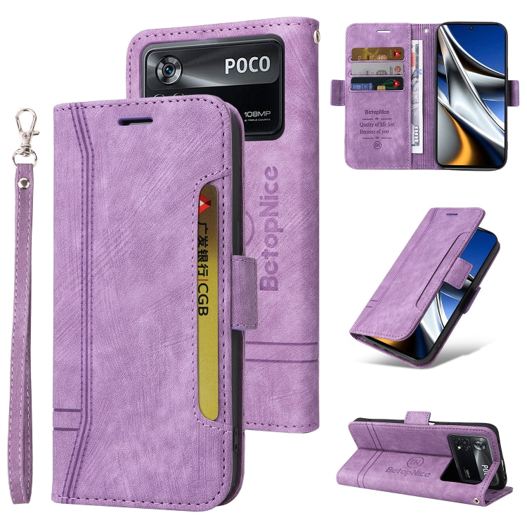 Purple dual-side buckle leather phone case with wrist strap, card slots, and kickstand