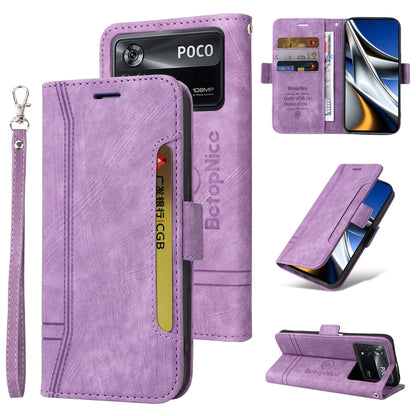 Purple dual-side buckle leather phone case with wrist strap, card slots, and kickstand