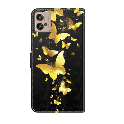 Black wallet phone case with yellow butterfly 3D pattern, visible camera cutouts.