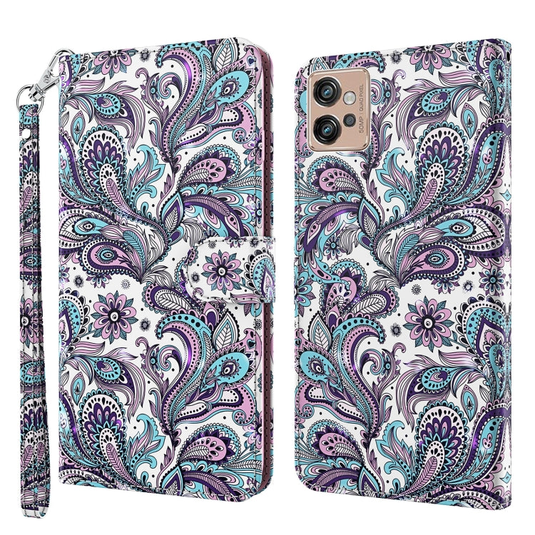 White phone wallet case with purple and teal paisley floral pattern and wrist strap.