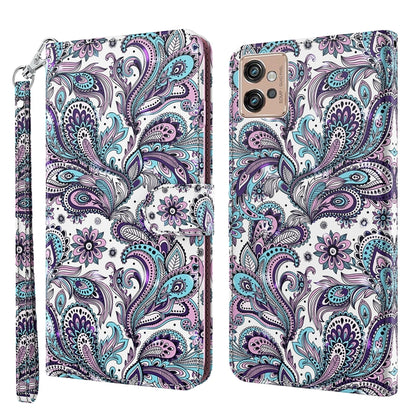 White phone wallet case with purple and teal paisley floral pattern and wrist strap.