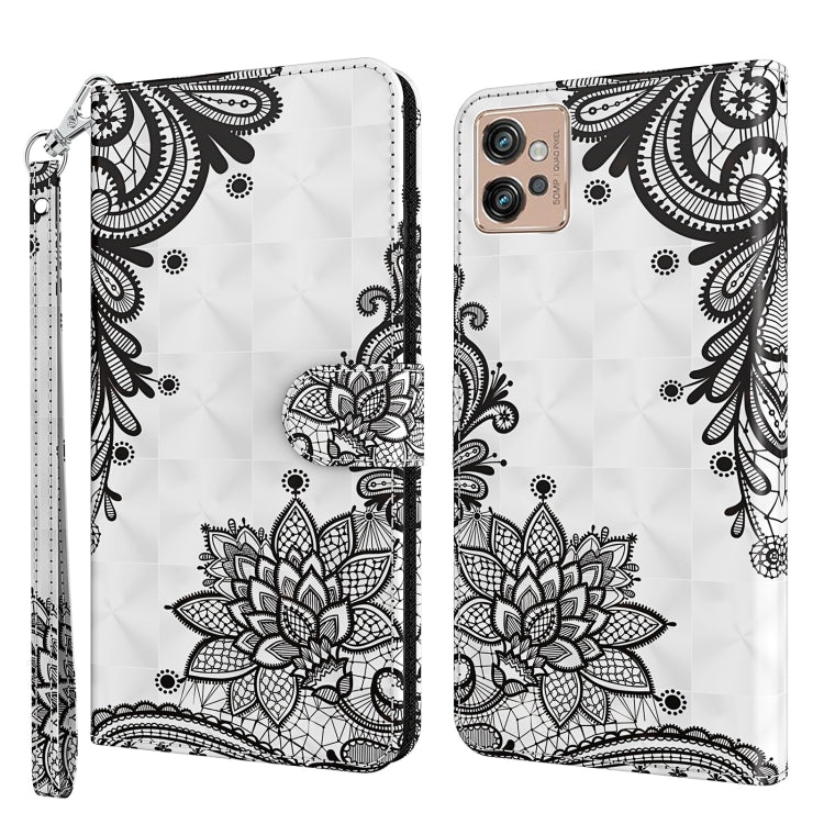 Flip phone case with black floral lace outline, white background and stitched wrist strap