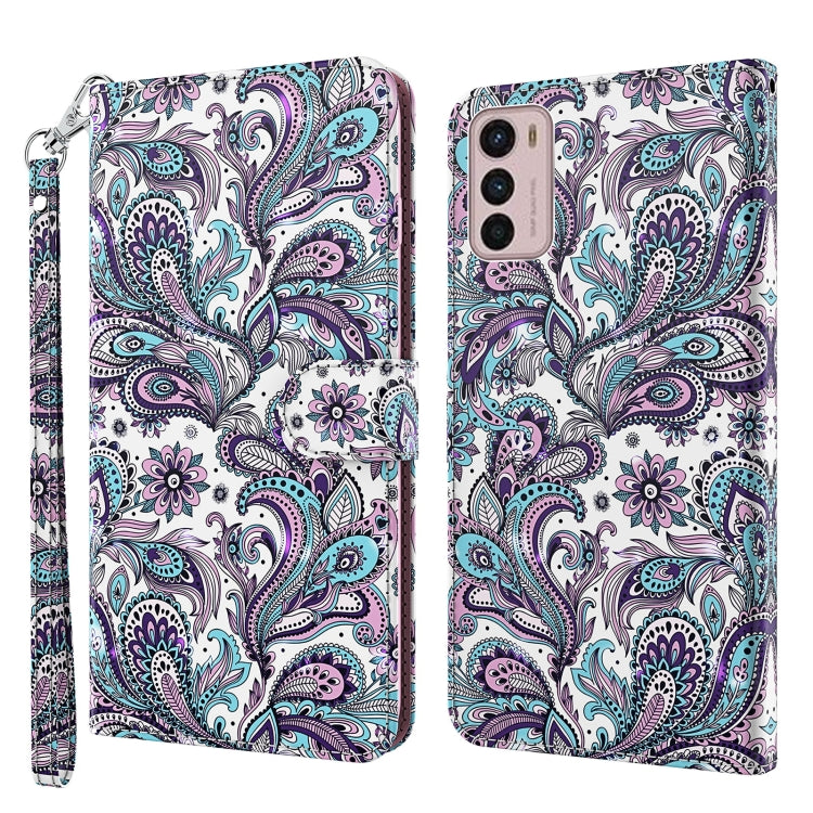 Flip phone case with paisley bird-feather pattern, white with purple and teal accents