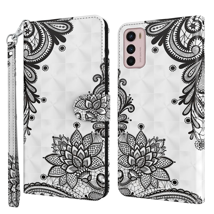 White phone case with black ornamental floral pattern and lotus, wrist strap