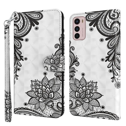 White phone case with black ornamental floral pattern and lotus, wrist strap