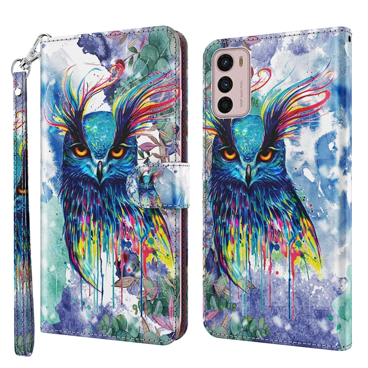 Watercolor blue phone case with colorful owl illustration, wrist strap