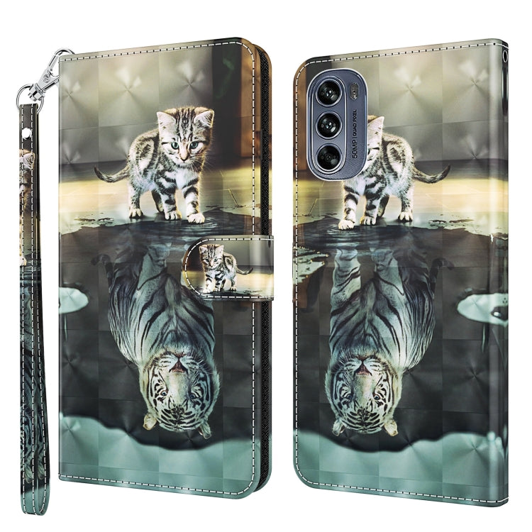 Light gold phone case with striped kitten and mirrored water reflection, wrist strap