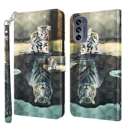 Light gold phone case with striped kitten and mirrored water reflection, wrist strap