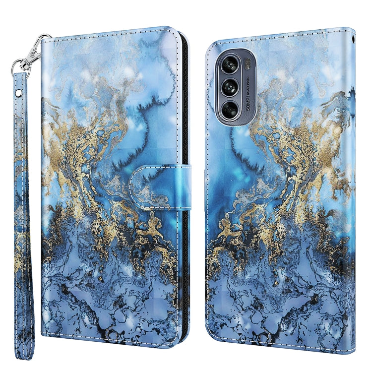 Blue phone case with gold marbled swirl pattern and cloudy texture, wrist strap