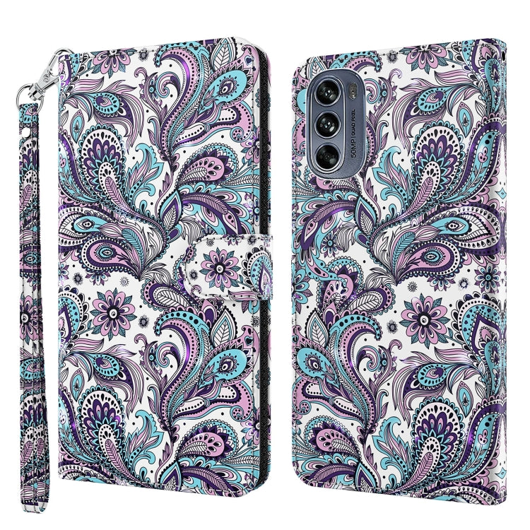 White phone case with purple and teal paisley floral pattern, wrist strap