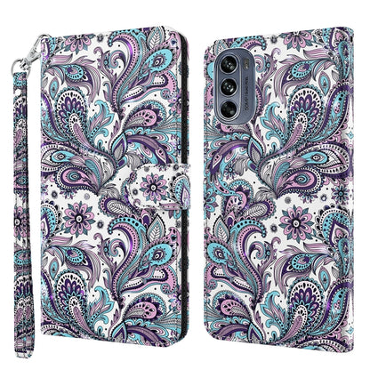 White phone case with purple and teal paisley floral pattern, wrist strap